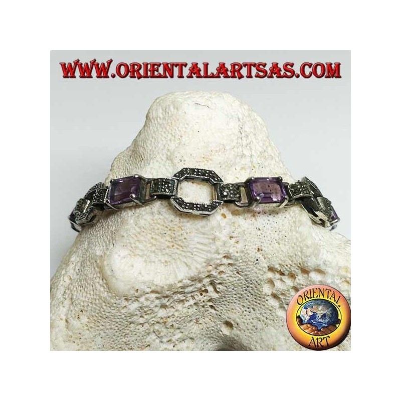 Silberarmband mit 5 natürlichen rechteckigen Amethysten im Wechsel mit Markasitringen