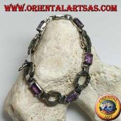 Silberarmband mit 5 natürlichen rechteckigen Amethysten im Wechsel mit Markasitringen