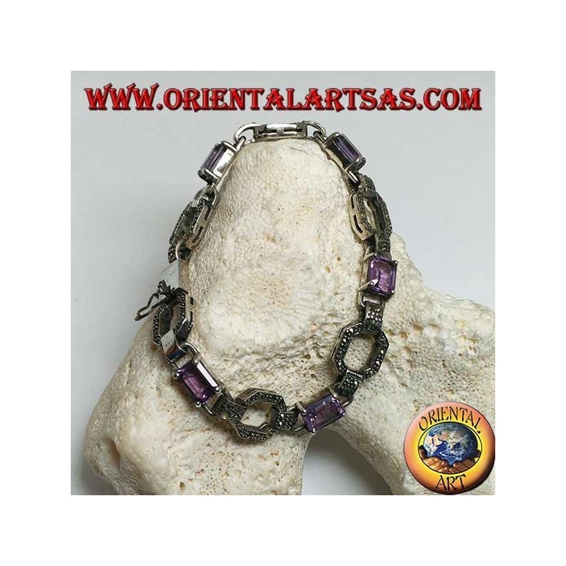 Bracelet en argent serti de 5 améthystes rectangulaires naturelles alternant avec des anneaux en marcassite
