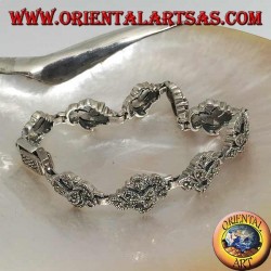 Silver bracelet with 9 intertwining of leaves studded with marcasite
