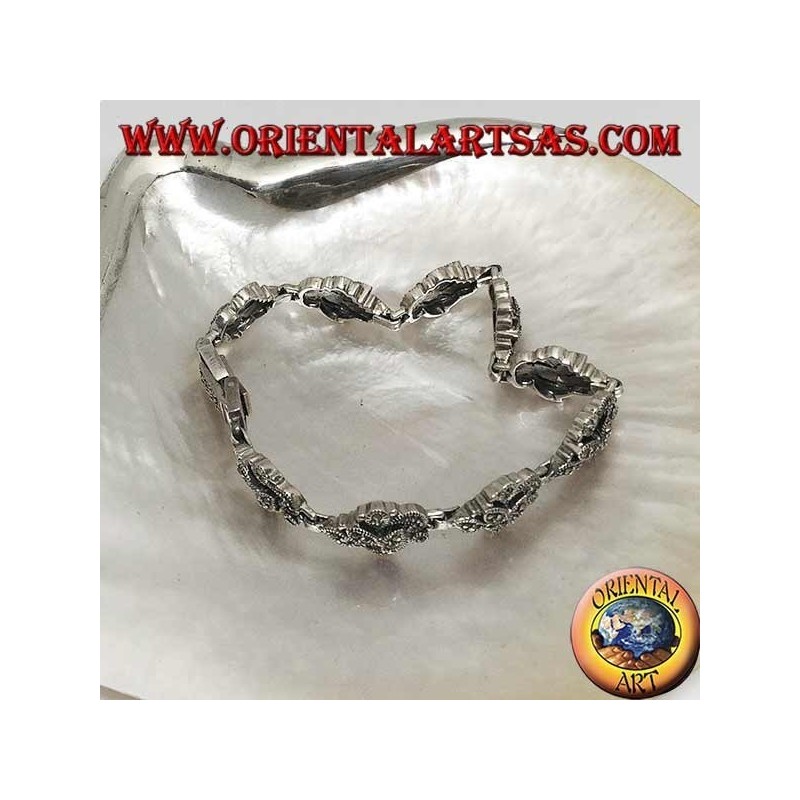 Silver bracelet with 9 intertwining of leaves studded with marcasite