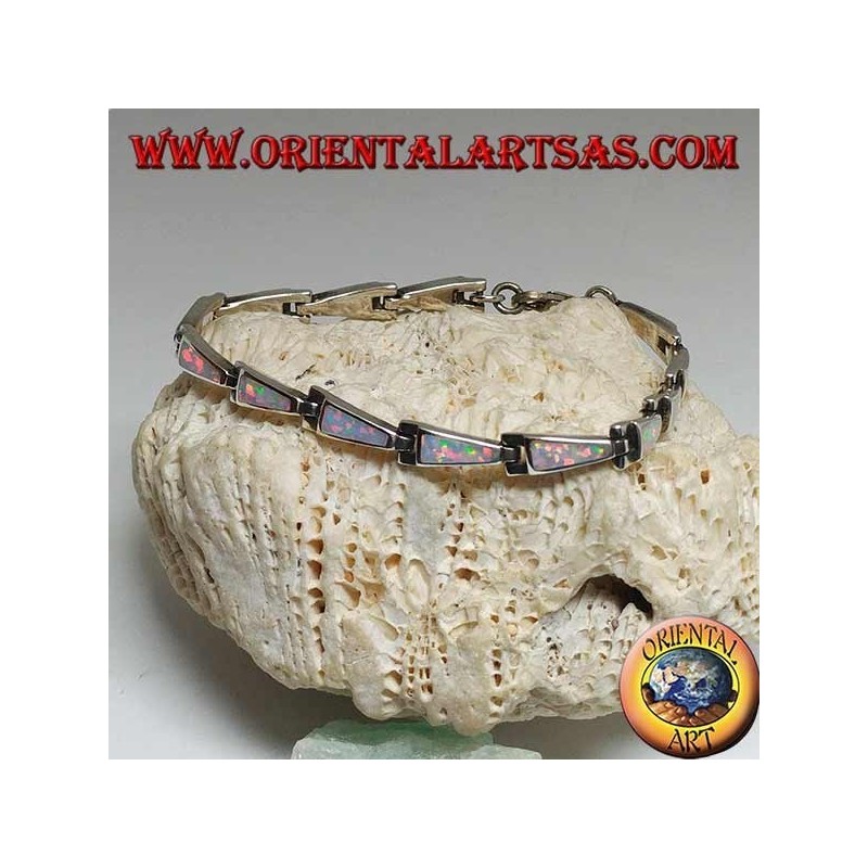 Pulsera de plata con 13 trapecios isósceles alargados en ópalo arlequín