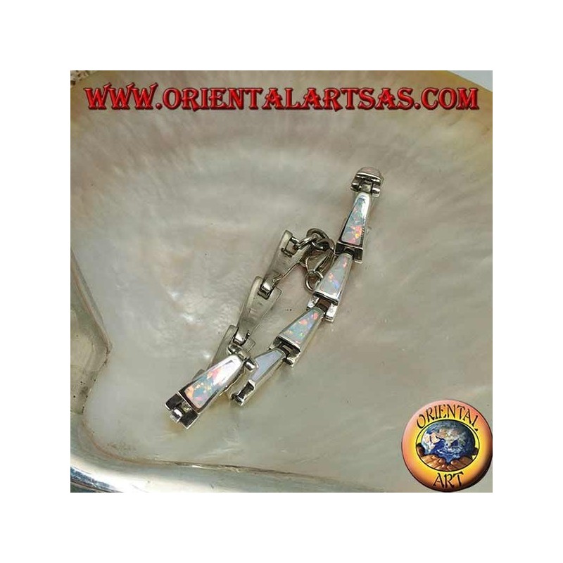 Silver bracelet with 13 isosceles trapezoids elongated in harlequin opal