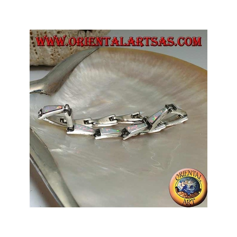 Silver bracelet with 13 isosceles trapezoids elongated in harlequin opal