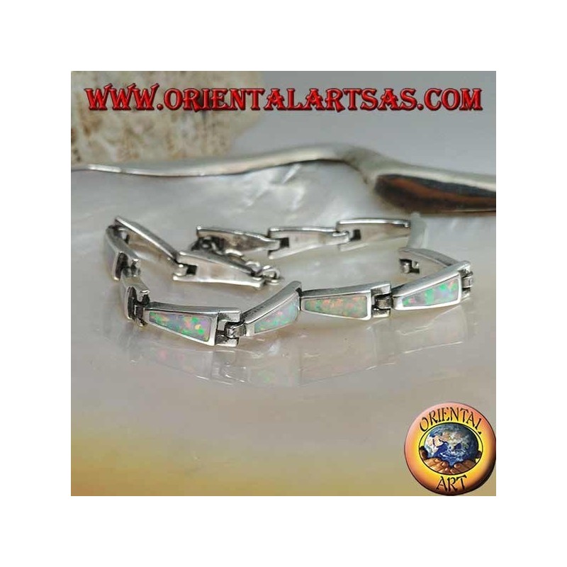 Silver bracelet with 13 isosceles trapezoids elongated in harlequin opal