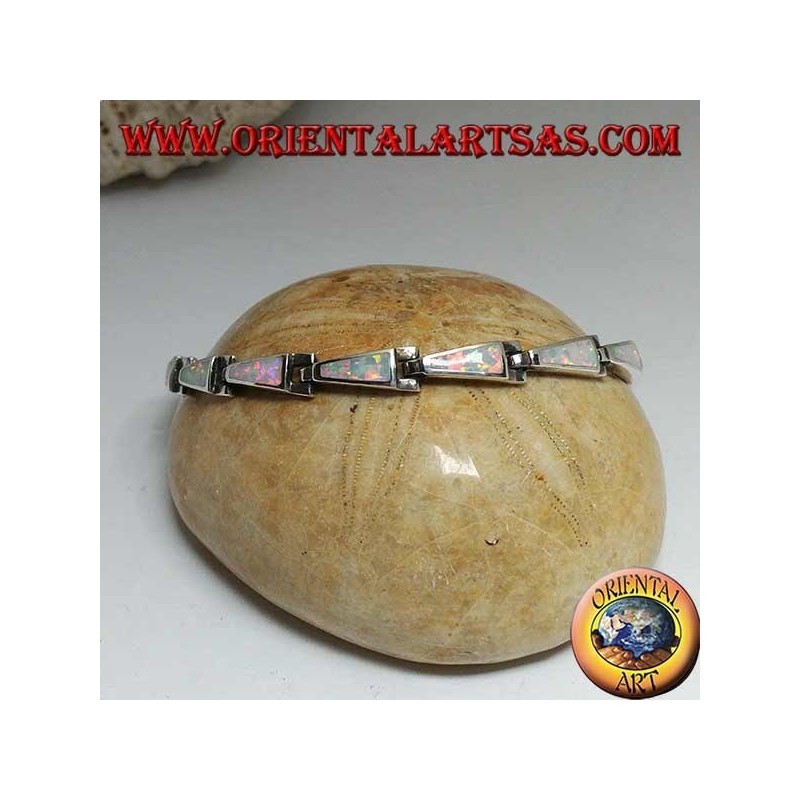 Silver bracelet with 13 isosceles trapezoids elongated in harlequin opal