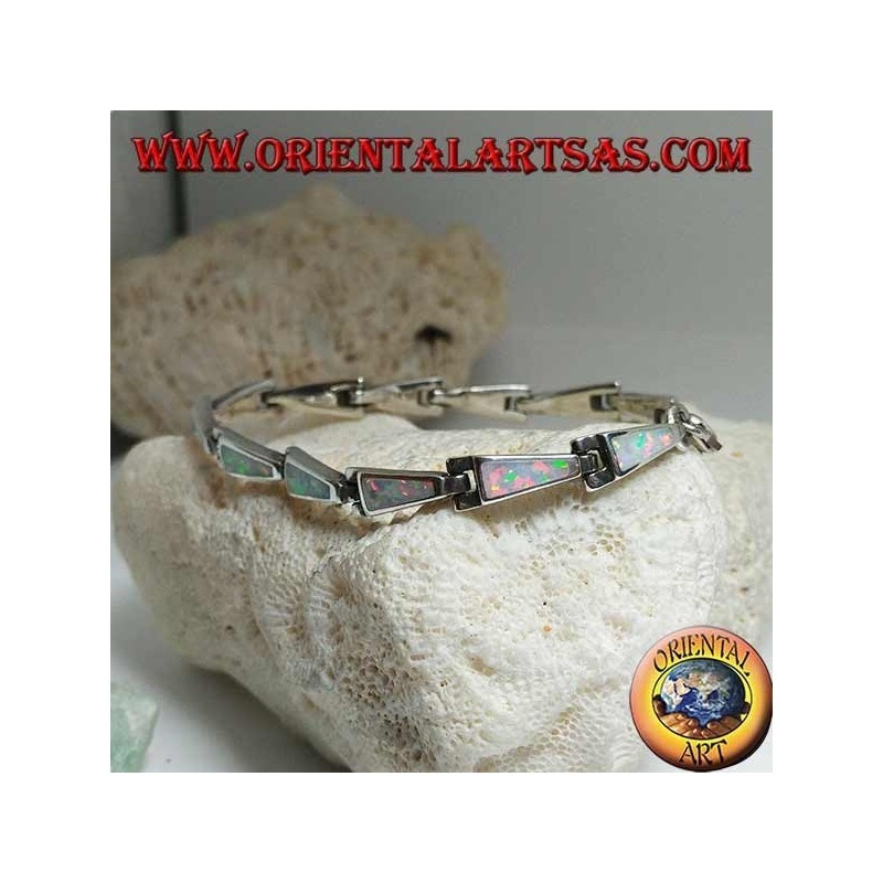 Silberarmband mit 13 gleichschenkligen Trapezoiden aus Harlekinopal