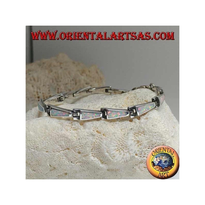 Silver bracelet with 13 isosceles trapezoids elongated in harlequin opal