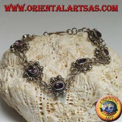 Silver bracelet with two rows of rings with 7 handmade natural oval amethysts