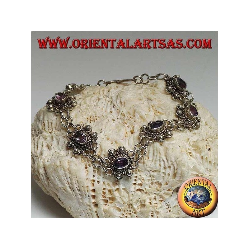 Pulsera de plata con dos hileras de anillos con 7 amatistas ovales naturales hechas a mano.