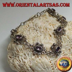 Silver bracelet with two rows of rings with 7 handmade natural oval amethysts
