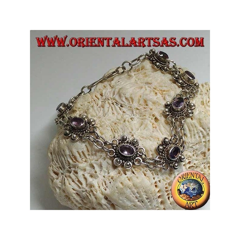 Pulsera de plata con dos hileras de anillos con 7 amatistas ovales naturales hechas a mano.