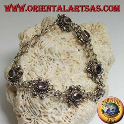 Silberarmband mit zwei Ringreihen mit 7 handgefertigten natürlichen ovalen Amethysten