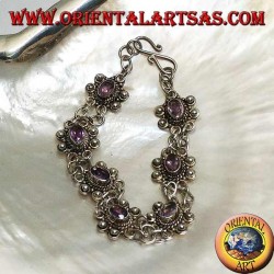 Bracelet en argent avec deux rangées de bagues avec 7 améthystes ovales naturelles faites à la main