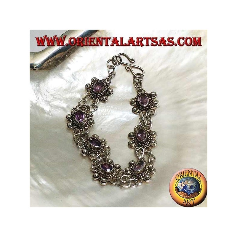 Silver bracelet with two rows of rings with 7 handmade natural oval amethysts