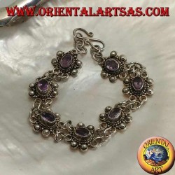 Pulsera de plata con dos hileras de anillos con 7 amatistas ovales naturales hechas a mano.