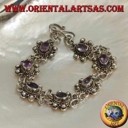 Bracelet en argent avec deux rangées de bagues avec 7 améthystes ovales naturelles faites à la main