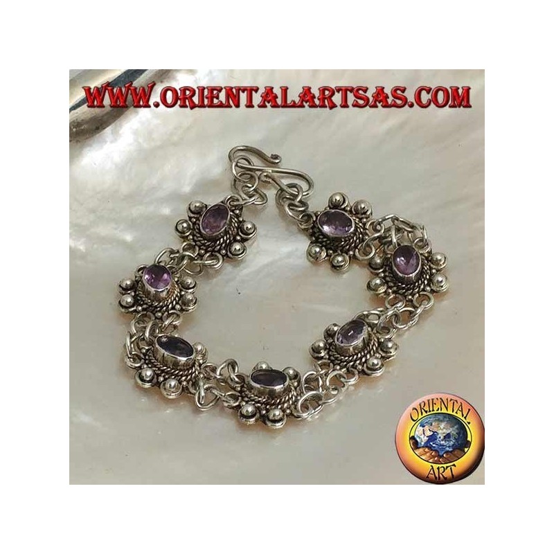 Silberarmband mit zwei Ringreihen mit 7 handgefertigten natürlichen ovalen Amethysten