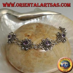 Bracelet en argent avec deux rangées de bagues avec 7 améthystes ovales naturelles faites à la main