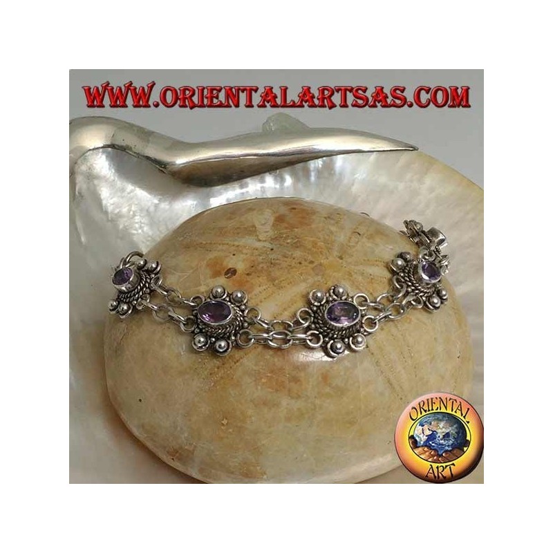 Silberarmband mit zwei Ringreihen mit 7 handgefertigten natürlichen ovalen Amethysten
