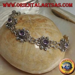 Pulsera de plata con dos hileras de anillos con 7 amatistas ovales naturales hechas a mano.