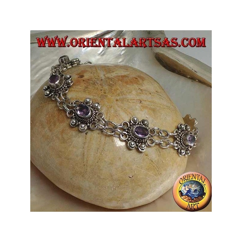 Pulsera de plata con dos hileras de anillos con 7 amatistas ovales naturales hechas a mano.