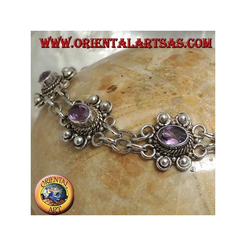 Pulsera de plata con dos hileras de anillos con 7 amatistas ovales naturales hechas a mano.