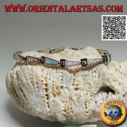 Silver bracelet with 13 isosceles trapezoids elongated in harlequin opal