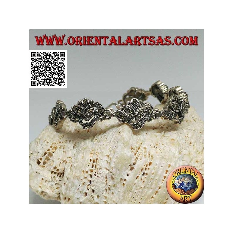Bracciale in argento con 9 intrecci di foglie tempestate di marcassite