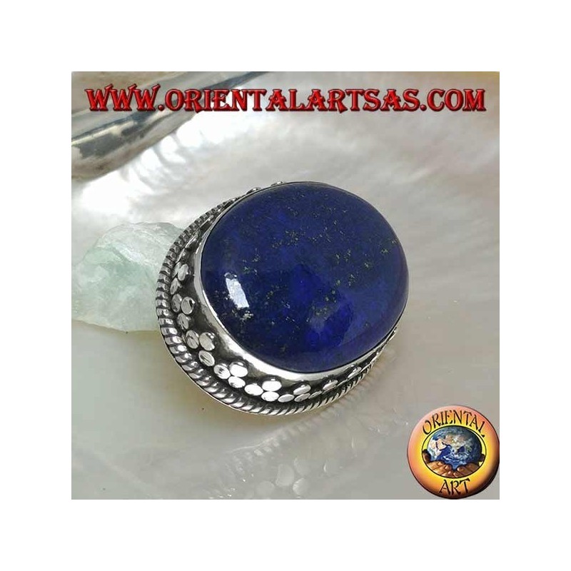 Silver brooch with large oval natural lapis lazuli surrounded by intertwining and tris of balls