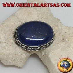 Broche en argent avec grand lapis lazuli naturel ovale entouré d'entrelacs et de tris de boules