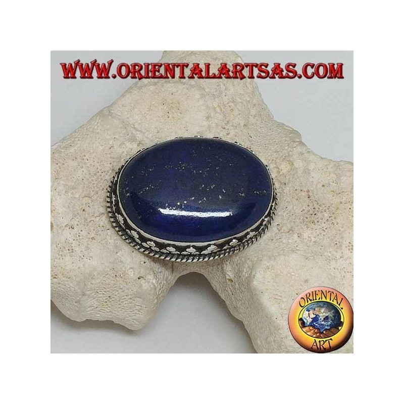 Broche de plata con lapislázuli natural ovalado grande rodeado de entrelazados y tris de bolas
