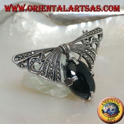 Silver brooch in the shape of a bow studded with marcasite with oval onyx set below
