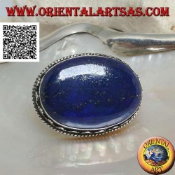 Broche en argent avec grand lapis lazuli naturel ovale entouré d'entrelacs et de tris de boules
