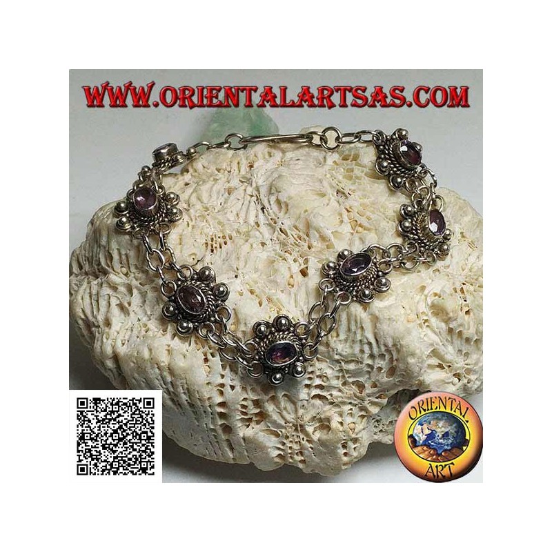 Silberarmband mit zwei Ringreihen mit 7 handgefertigten natürlichen ovalen Amethysten