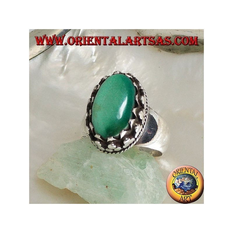 Anillo de plata con turquesa ovalada antigua tibetana natural engastada con discos con tejido lateral
