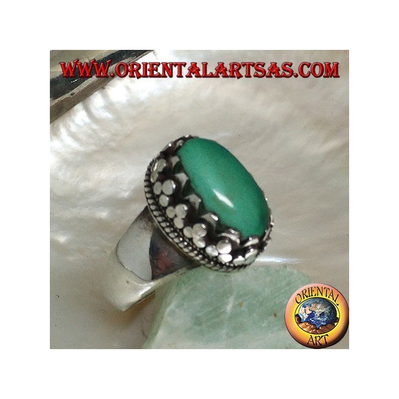 Anillo de plata con turquesa ovalada antigua tibetana natural engastada con discos con tejido lateral