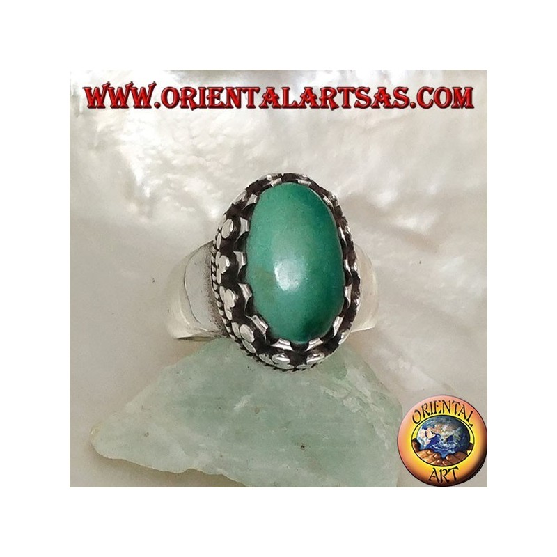 Bague en argent avec turquoise tibétaine antique ovale naturelle sertie de disques à tissage latéral