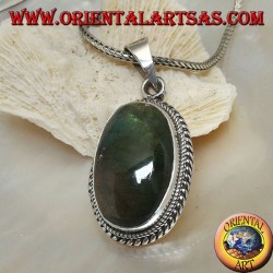 Silver pendant with oval cabochon labradorite surrounded by two-dimensional double weave