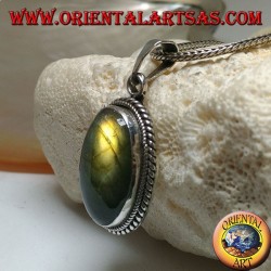 Colgante de plata con cabujón de labradorita ovalado rodeado de tejido doble bidimensional