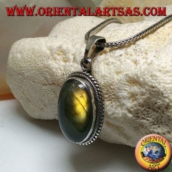 Silver pendant with oval cabochon labradorite surrounded by two-dimensional double weave