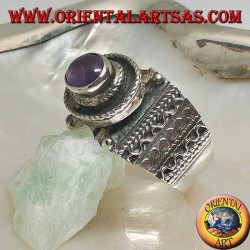 Band silver ring with natural oval cabochon amethyst and ethnic decorations