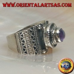 Band silver ring with natural oval cabochon amethyst and ethnic decorations