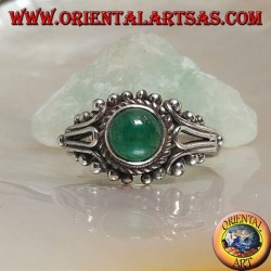 Silver ring with round green cabochon agate surrounded by interweaving and balls decoration