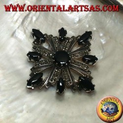 Silver brooch with Celtic cross studded with marcasite surrounded by shuttle onyxes and a central round