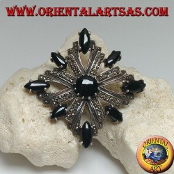 Silver brooch with Celtic cross studded with marcasite surrounded by shuttle onyxes and a central round