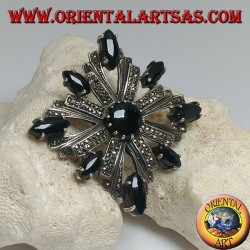 Silver brooch with Celtic cross studded with marcasite surrounded by shuttle onyxes and a central round