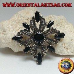 Silver brooch with Celtic cross studded with marcasite surrounded by shuttle onyxes and a central round