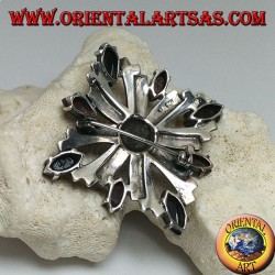 Silver brooch with Celtic cross studded with marcasite surrounded by shuttle onyxes and a central round