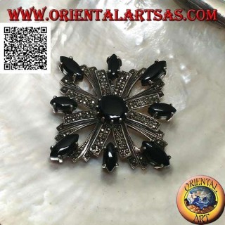 Silver brooch with Celtic cross studded with marcasite surrounded by shuttle onyxes and a central round